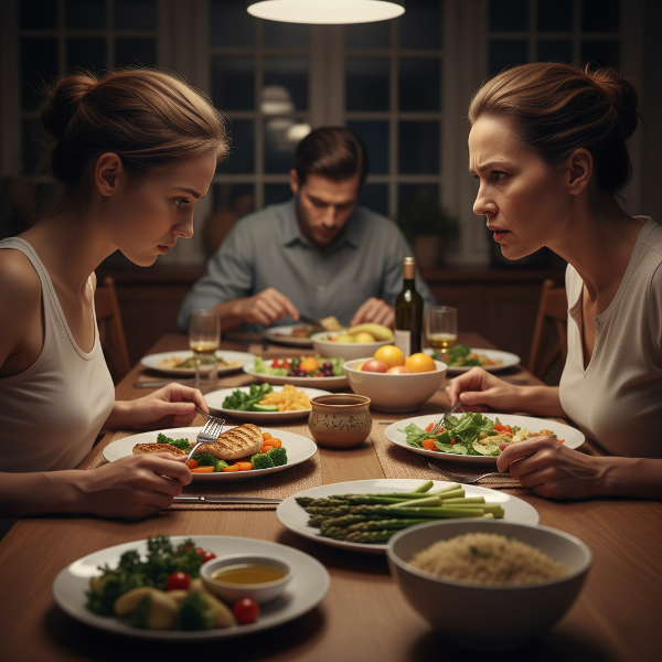 Un'illustrazione che mostra la tensione a tavola, con una giovane donna sotto lo sguardo giudicante della madre, mentre il padre resta in disparte. L'atmosfera è opprimente e carica di ansia.