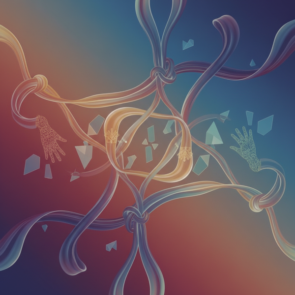 Illustrazione astratta che evoca la complessità dell'intimità, con elementi che simboleggiano connessione, vulnerabilità e spazio personale in una danza armoniosa.