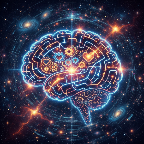 Un'illustrazione astratta che fonde un cervello, un labirinto e simboli di ingranaggi e galassie per rappresentare i complessi archetipi decisionali della mente.