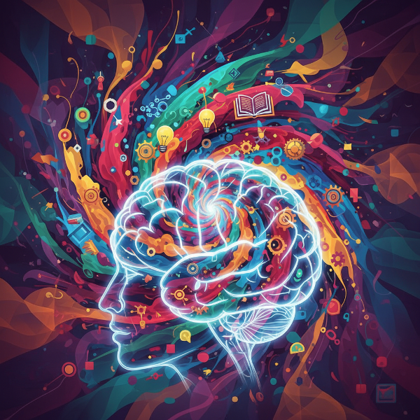 Un'illustrazione astratta e colorata che rappresenta il pensiero creativo come un'espansione mentale, con elementi simbolici come ingranaggi e lampadine che emergono da un vortice cerebrale.