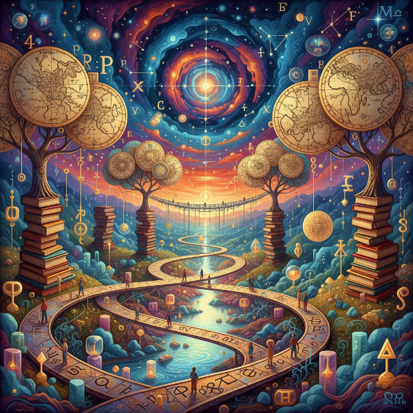 Un'illustrazione astratta e onirica che rappresenta un viaggio psichico attraverso paesaggi mentali in continua trasformazione, con elementi simbolici come sentieri, ponti e alberi-mappa.