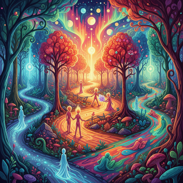 Un'immagine astratta che rappresenta visivamente i tre approcci sociali: indipendente, collaborativo e adattivo, come percorsi in un paesaggio simbolico.