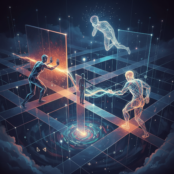 Illustrazione astratta di un labirinto che rappresenta le complessità sociali, con tre figure che simboleggiano diverse reazioni istintive alle contraddizioni.