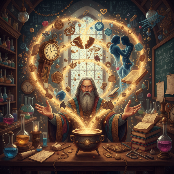 Un'immagine che mostra una figura stilizzata che trasforma elementi limitanti come orologi, monete e regole in forme creative e fluide, con un'atmosfera di magia e innovazione.