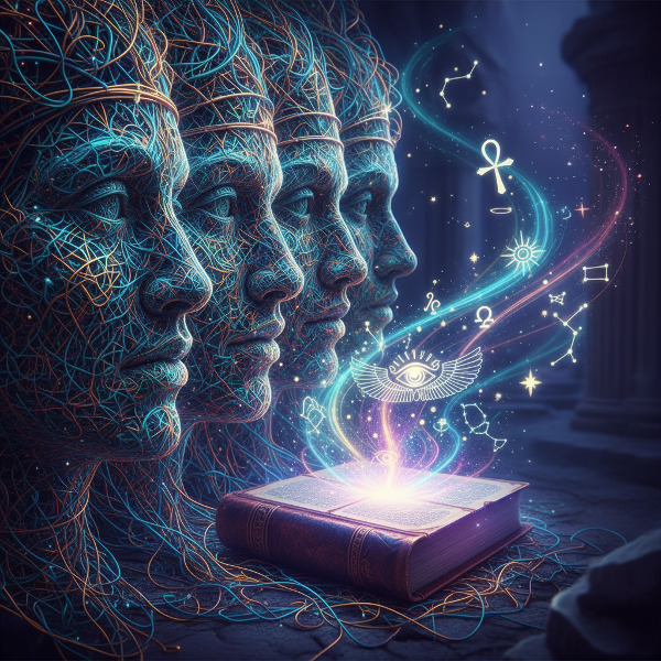 Un'immagine onirica che mostra un labirinto di fili narrativi luminosi che si intrecciano, formando volti archetipici e simboli mitologici fluttuanti attorno a un antico libro aperto che emana luce.