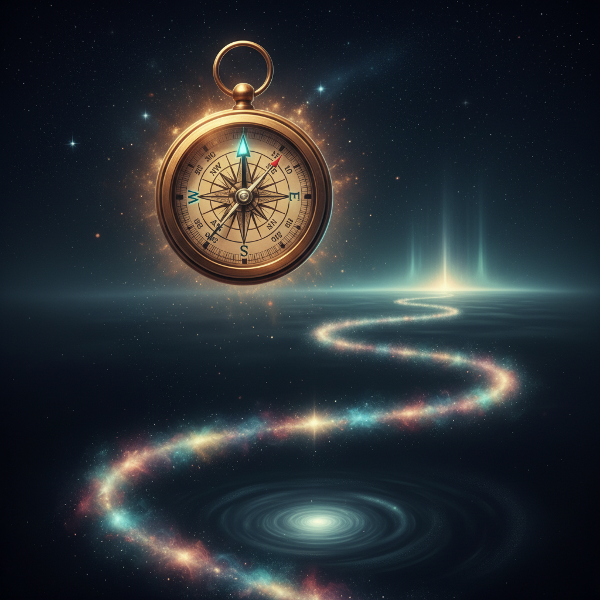 Un'immagine simbolica che rappresenta una bussola interiore, con un sentiero in un paesaggio notturno stellato, evocando il concetto di navigare la propria vita seguendo un senso profondo di direzione.