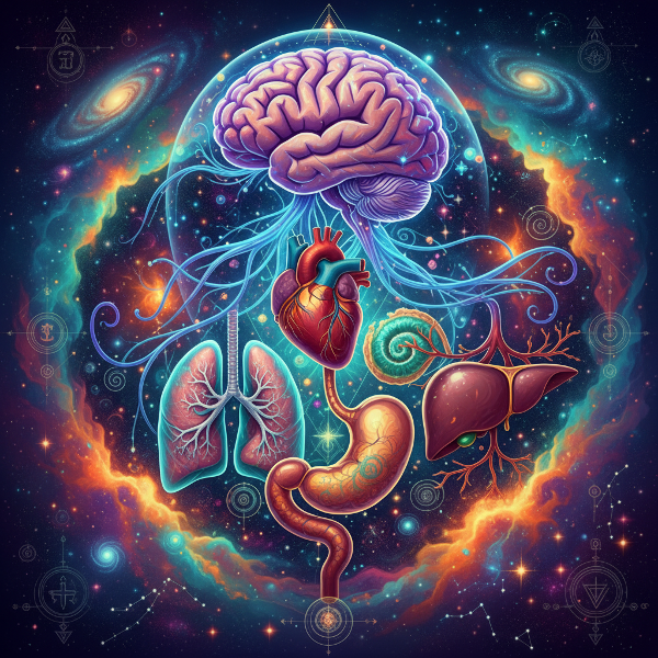 Illustrazione di un cervello stilizzato che emette connessioni luminose verso cuore, stomaco e muscoli, simboleggiando il legame tra pensieri e salute fisica.