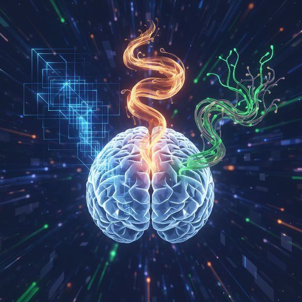 Un'illustrazione concettuale che rappresenta i tre stili decisionali: analitico, intuitivo e adattivo, come percorsi neurali all'interno di un cervello.