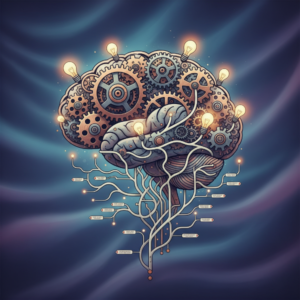 Illustrazione concettuale di un cervello che combina elementi meccanici e creativi per rappresentare diversi stili di pensiero e processi decisionali.