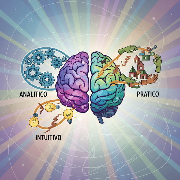 Un cervello diviso in tre sezioni rappresentanti gli stili analitico, intuitivo e pratico con simboli distintivi.