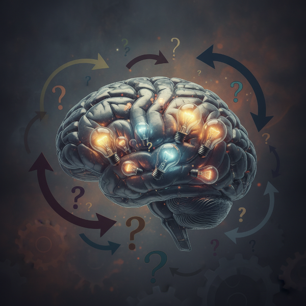 Illustrazione che rappresenta il processo decisionale umano, con un cervello al centro contornato da elementi di riflessione e bias cognitivi.