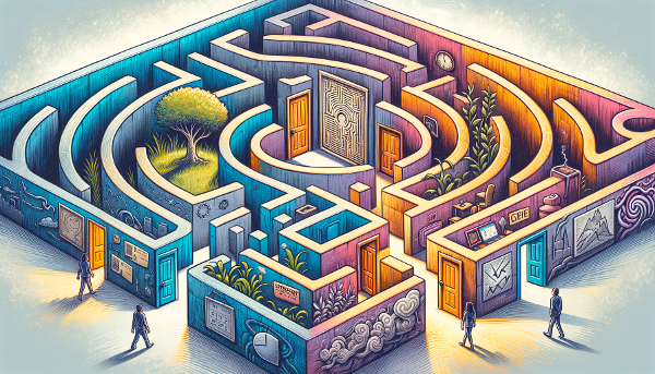 Un'illustrazione concettuale che mostra un labirinto formato da abitudini quotidiane, con porte che rivelano diversi modi di interpretare gli eventi: crescita, stress o indifferenza.