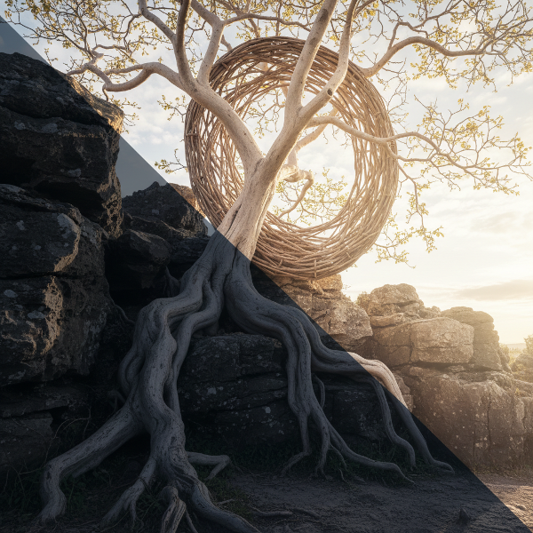 Un'immagine simbolica che rappresenta l'equilibrio dinamico tra forza e fragilità, con elementi naturali che suggeriscono crescita e resilienza.