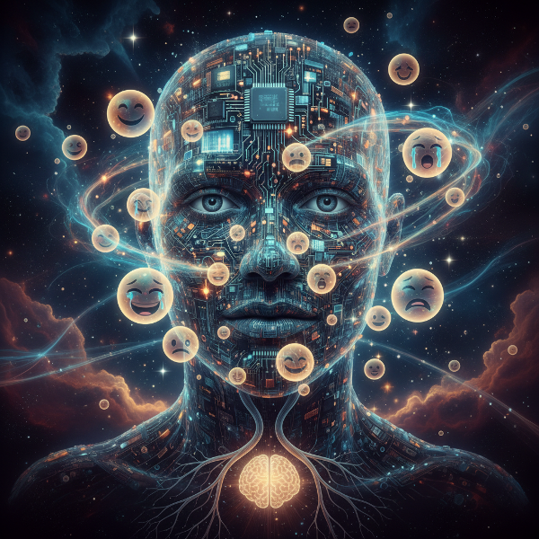 Un'illustrazione che mostra un volto umano frammentato in circuiti digitali, con emozioni astratte che fluttuano attorno, simboleggiando l'intreccio tra vita online e identità emotiva.