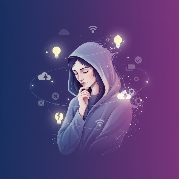 Un'immagine che rappresenta il rapporto umano con la tecnologia digitale, tra connessione e sovraccarico, con elementi simbolici come icone e un'espressione contemplativa.