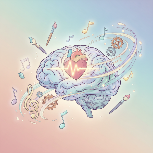 Un'illustrazione simbolica che rappresenta l'equilibrio tra emozioni e creatività, con elementi astratti e artistici che emergono da una mente in armonia.