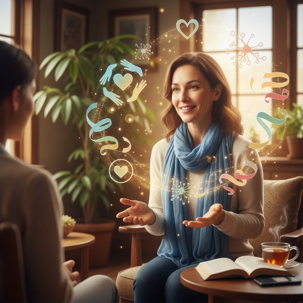 Un'illustrazione che rappresenta la comunicazione emotiva attraverso simboli visivi di empatia, ascolto e connessione interpersonale.