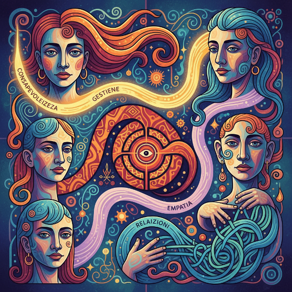 Un'illustrazione astratta che rappresenta un labirinto emotivo, con volti stilizzati e percorsi colorati che simboleggiano le quattro componenti dell'intelligenza emotiva.