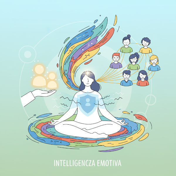 Un'immagine simbolica che mostra una persona in equilibrio tra emozioni, stress, empatia e relazioni, con colori vivaci e elementi astratti.