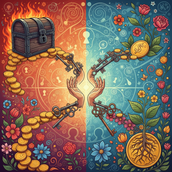 Illustrazione simbolica di un labirinto che rappresenta le emozioni legate al denaro, con tre percorsi che simboleggiano accumulo, distribuzione e trasformazione.