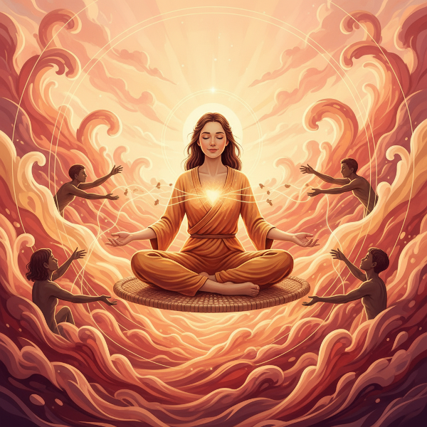 Un'illustrazione che mostra una figura serena circondata da onde emotive contrastanti, con un cuore luminoso al centro che simboleggia stabilità interiore e connessioni positive.