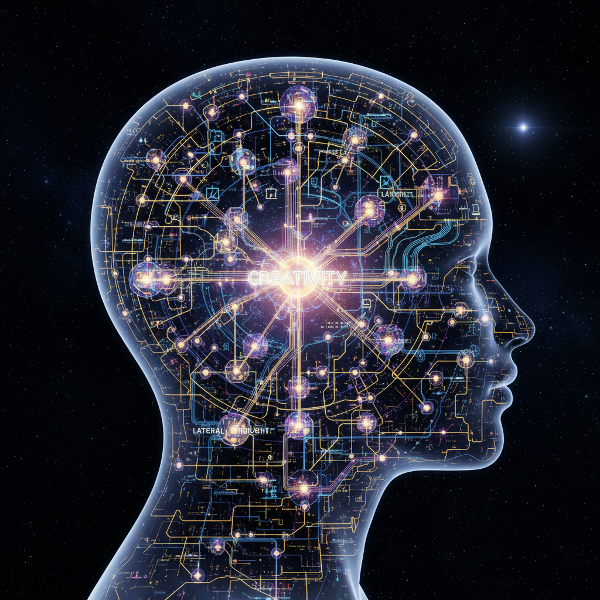 Un'illustrazione astratta che rappresenta una mente umana come un labirinto complesso, con sentieri luminosi che si ramificano e si intrecciano, simboleggiando il pensiero laterale e la risoluzione creativa dei problemi.