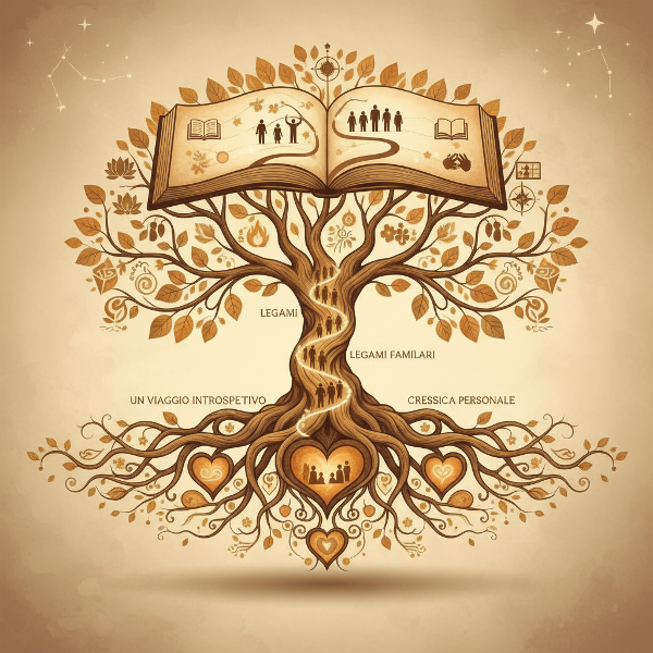 Illustrazione simbolica di un albero genealogico con radici emotive che si intrecciano, rappresentando l'influenza delle dinamiche familiari sulla crescita personale.