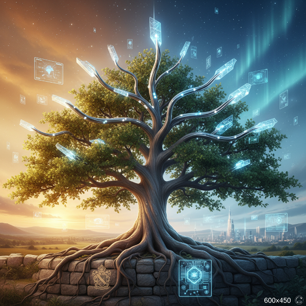 Un'illustrazione simbolica che mostra un albero le cui solide radici rappresentano le tradizioni familiari, mentre i rami innovativi si protendono verso nuove direzioni.