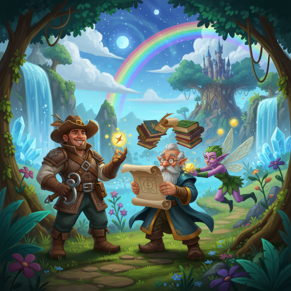 Illustrazione fantasy che raffigura tre diversi tipi di compagni immaginari in un ambiente magico e onirico.