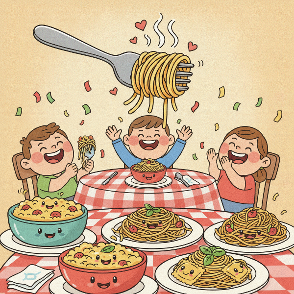 Un'immagine vivace e umoristica con spaghetti, forchette e facce sorridenti per un test divertente sulla personalità.