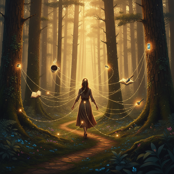 Un individuo si muove in una foresta luminosa, con fili dorati che collegano azioni quotidiane in una rete di significato, surrealista e serena.