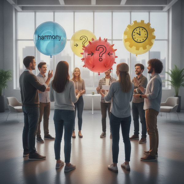 Persone in cerchio che collaborano con palloncini simbolici di cooperazione.
