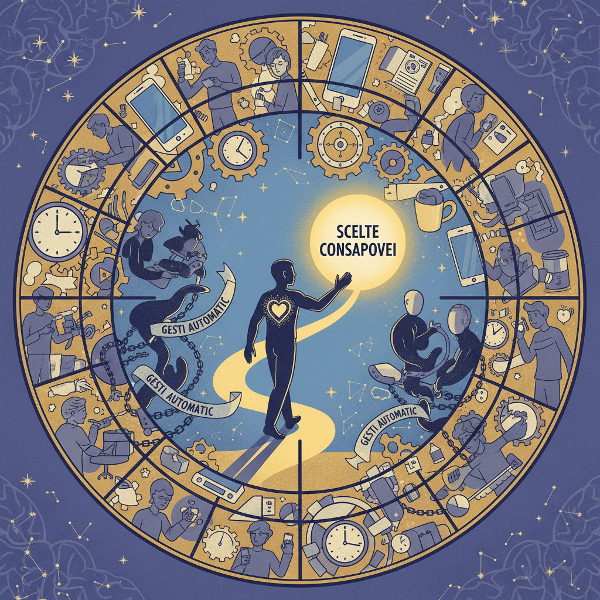 Un'illustrazione simbolica che mostra un labirinto di routine quotidiane, con un sentiero luminoso che rappresenta la scelta consapevole tra gesti automatici.