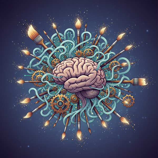 Illustrazione concettuale di un cervello che si fonde con elementi meccanici, digitali e artistici, simboleggiando la creatività applicata e l'innovazione pratica.