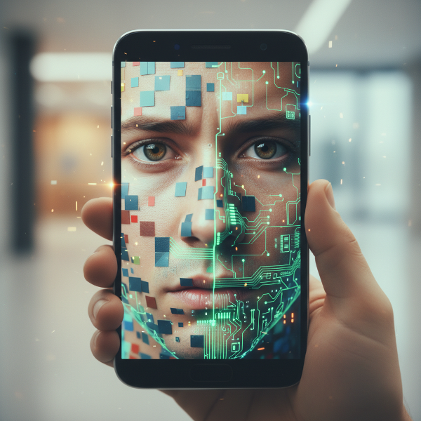 Un ritratto che fonde uomo e tecnologia, simbolo della relazione tra identità reale e digitale, con uno sguardo che cerca di trascendere lo schermo.