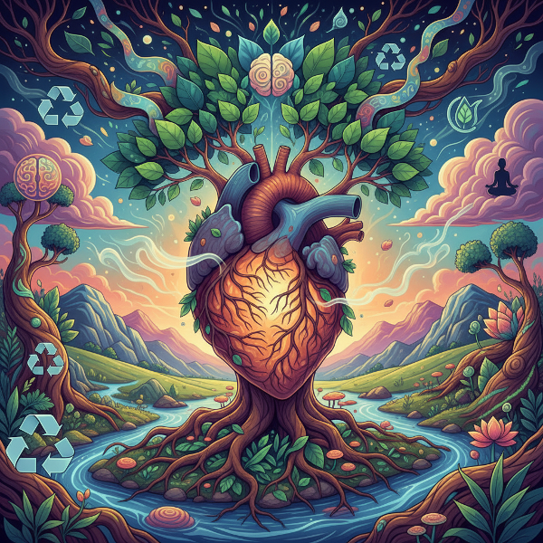 Illustrazione simbolica che fonde anatomia umana ed elementi naturali, rappresentando la connessione psicologica ed emotiva tra l'individuo e l'ambiente.