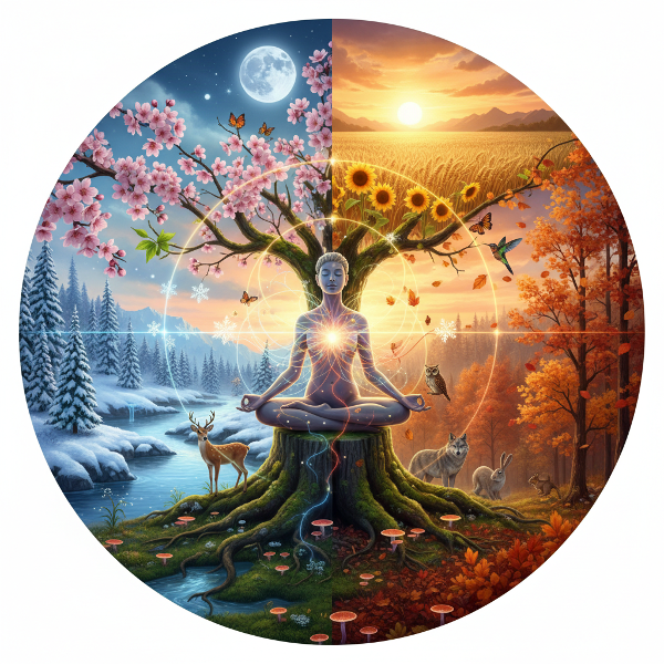 Un'immagine che mostra una figura umana in sintonia con i ritmi naturali del pianeta, circondata da stagioni che si fondono e risorse energetiche fluide.