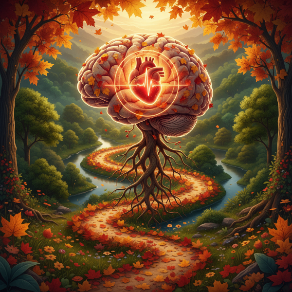 Un'illustrazione simbolica che mostra la connessione profonda tra la mente umana e la natura, con elementi organici che si fondono con la psiche.