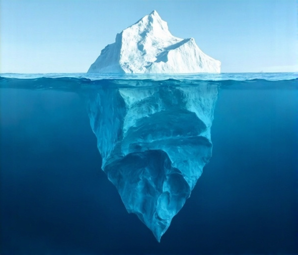 Illustrazione di un iceberg: la parte emersa rappresenta la sicurezza esteriore, quella sommersa i pensieri nascosti su di sé.