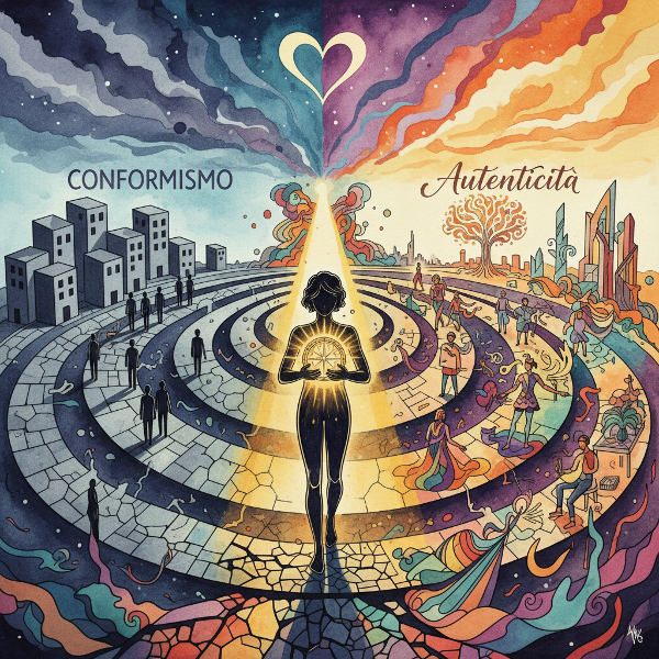 Un'illustrazione simbolica di una persona che segue una bussola luminosa interiore in un paesaggio confuso, con strade che rappresentano scelte tra conformismo e autenticità.