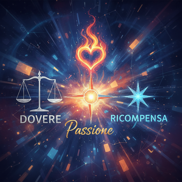 Una bussola interiore con tre bracci simbolici che rappresentano Passione, Dovere e Ricompensa, su uno sfondo astratto e colorato.