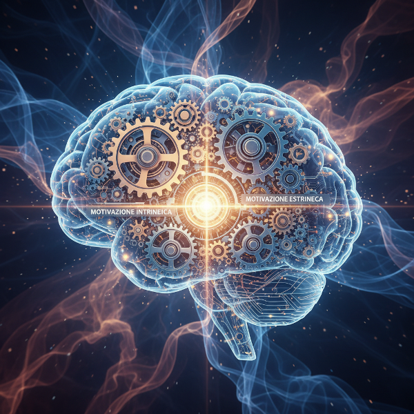 Illustrazione di un motore interiore complesso e luminoso, con ingranaggi che simboleggiano motivazione intrinseca ed estrinseca, all'interno di un cervello umano stilizzato su uno sfondo astratto e colorato.