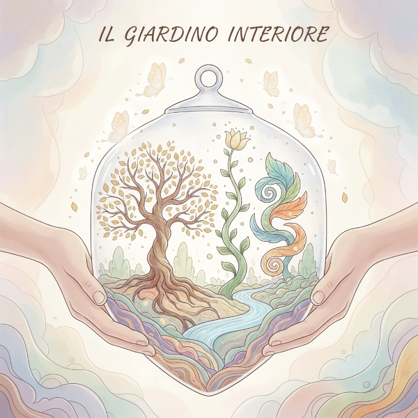Illustrazione simbolica di un giardino interiore, dove mani umane coltivano piante che rappresentano resilienza e crescita personale, con elementi metaforici di fioritura e adattamento.