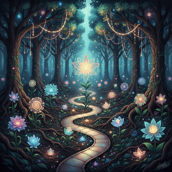 Un'illustrazione onirica di un giardino interiore, con sentieri che simboleggiano scelte di vita, alberi luminosi per i valori e semi che germogliano in fiori unici, evocando introspezione e crescita personale.