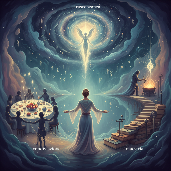 Un'illustrazione simbolica e onirica che rappresenta un viaggio interiore attraverso scenari astratti, dove scelte istintive illuminano percorsi di valori nascosti come legami, eccellenza e trascendenza.