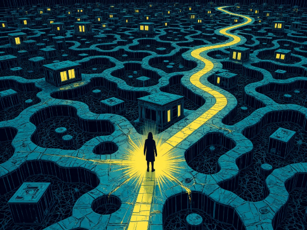 Un'illustrazione simbolica di un labirinto complesso, dove i percorsi sono formati da oggetti e azioni della vita quotidiana, con luci e ombre che suggeriscono comportamenti consci e inconsci.