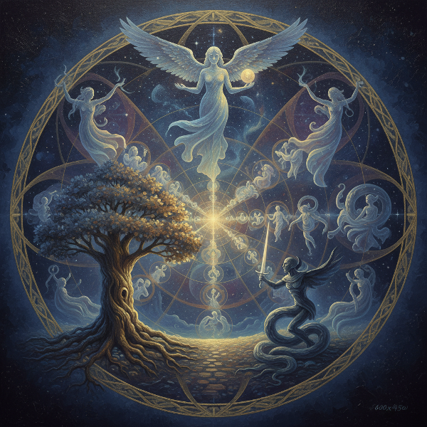 Un'illustrazione onirica e simbolica che rappresenta la psiche come un paesaggio interiore, con figure archetipiche che emergono da un caleidoscopio di luce e ombra, simboleggiando il viaggio verso l'integrazione e la consapevolezza di sé.