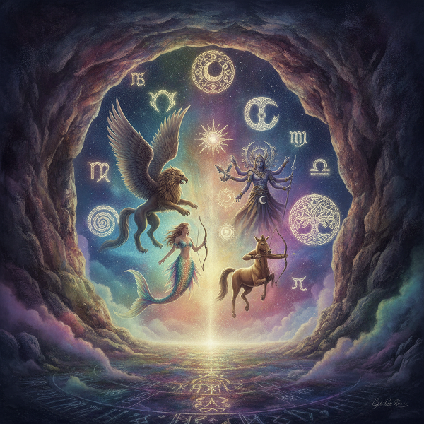 Un paesaggio onirico con figure mitiche che emergono da una caverna interiore, illuminate da luci colorate, simboli di trasformazione.