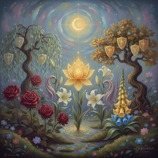 Un'illustrazione metaforica di un giardino psichico, dove fiori luminosi e simbolici rappresentano gli archetipi dell'inconscio collettivo, immerso in un'atmosfera onirica e mistica.