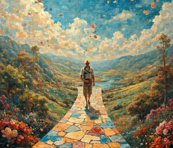Un'illustrazione che mostra una persona in equilibrio su tessere mobili di un percorso che cambia, con sfondi mutevoli che simboleggiano l'adattabilità e la scoperta di nuove prospettive.